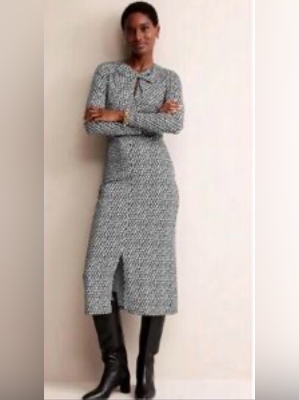 Boden Black and White Empire Knot Midi Dress in Black Lilly Sprig Pattern